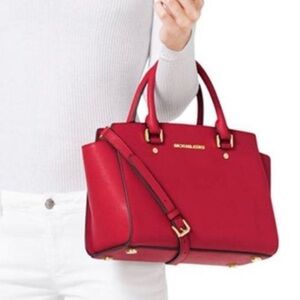 Michael Kors Red Selma Saffiano Satchel with Gold Hardware